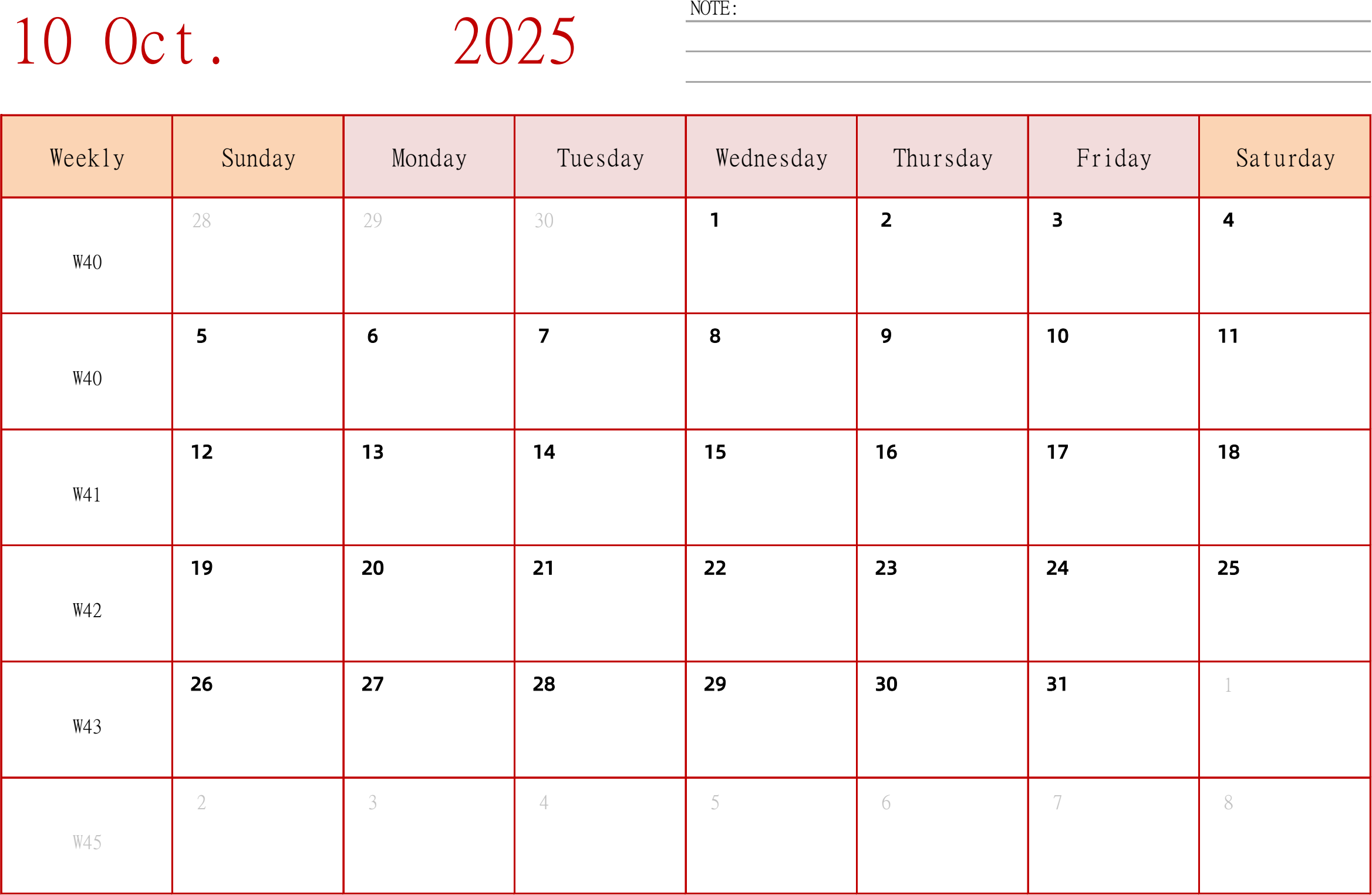 日历表2025年日历 英文版 横向排版 周日开始 带周数